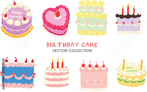 Hand Drawn cute cakes. Colorful delicious desserts, birthday cake with celebration candles and chocolate slices, holiday cupcakes vector set