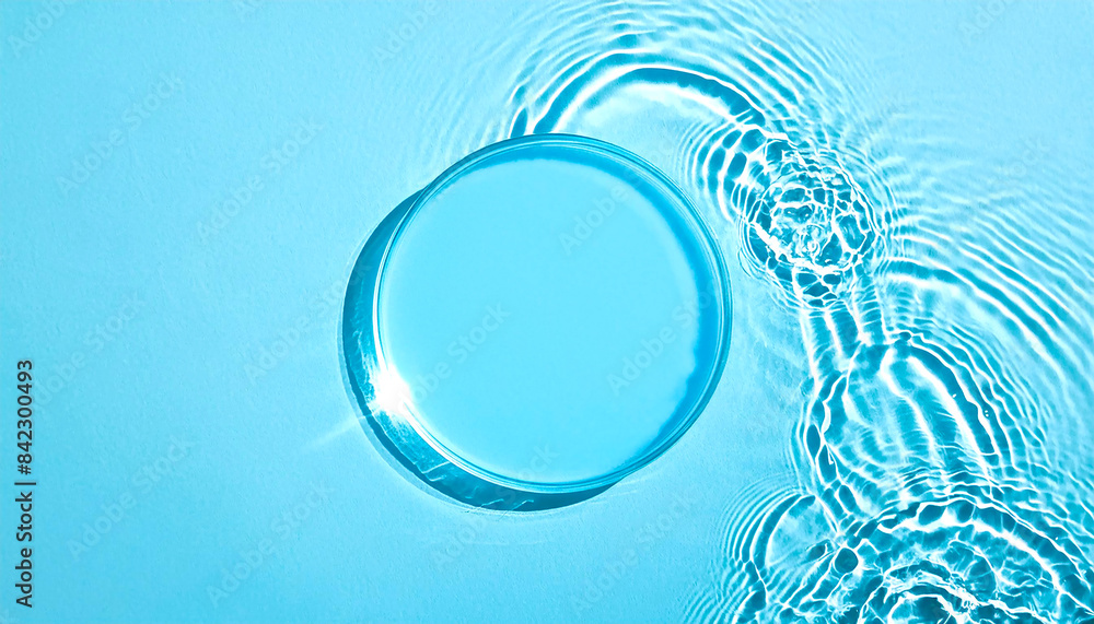 Empty clear glass circle podium on blue transparent calm water texture with waves in sunlight. Abstract nature background for product presentation. Flat lay Empty clear glass circle podium on blue transparent calm water texture with waves in sunlight. Abstract nature background for product presentation. Flat lay