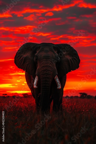 Dramatic silhouette of a lone elephant against a fiery sunset, embodying the spirit of the wilderness.