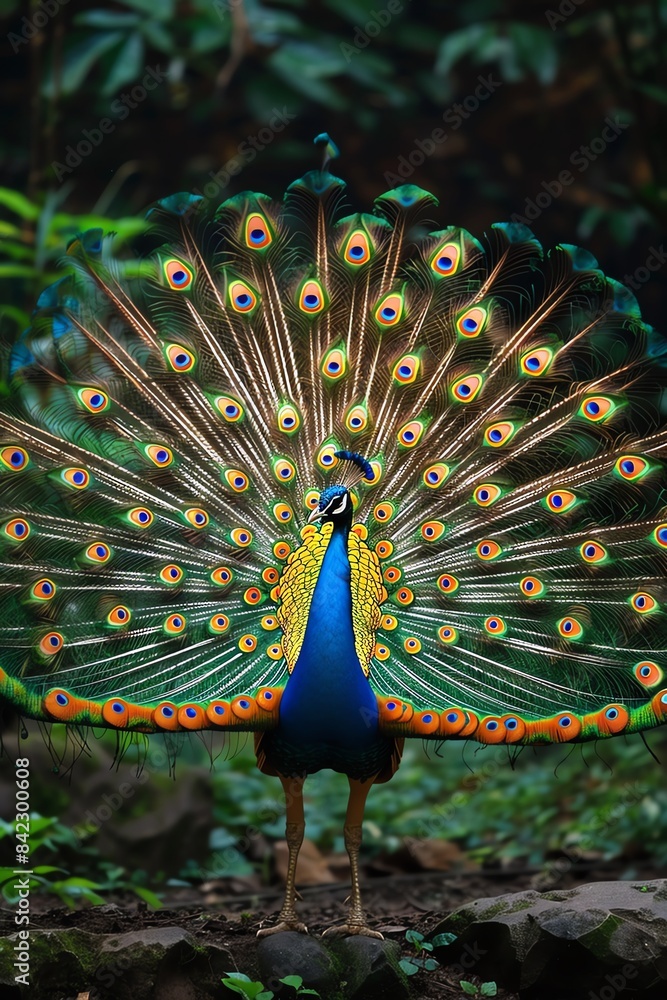 Obraz premium Majestic peacock displaying its colorful feathers in a lush, enchanted garden