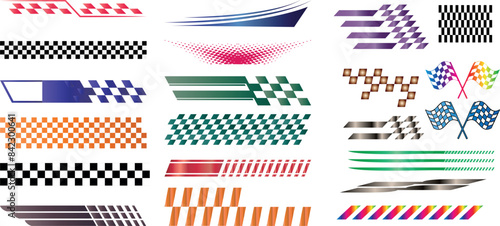 Racing stripe checker patterns vibrant colors vector design element isolated on white, perfect for automotive graphics, decals, and custom designs