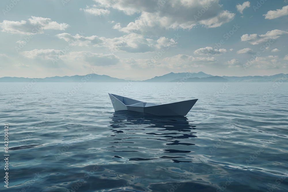 Solitary origami boat adrift on a vast, dreamlike sea. Evoking sadness and the inevitable journey of life. Solitary origami boat adrift on a vast, dreamlike sea. Evoking sadness and the inevitable journey of life.