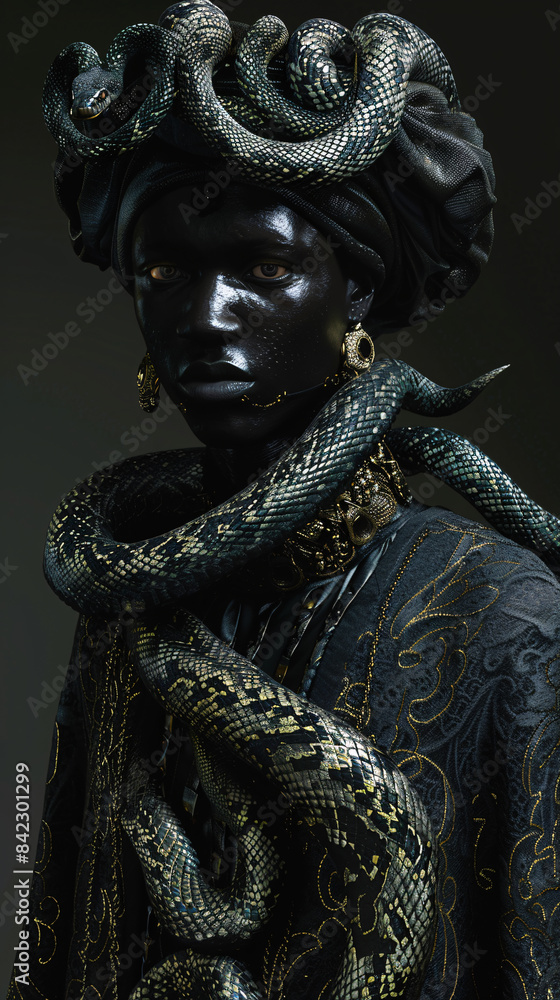 Obraz premium Enigmatic Prince of the Serpents - A Dark and Powerful Royalty with Venomous Snakes Coiled Around Him Exuding Danger and Intrigue