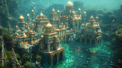 Underwater scene with ancient city