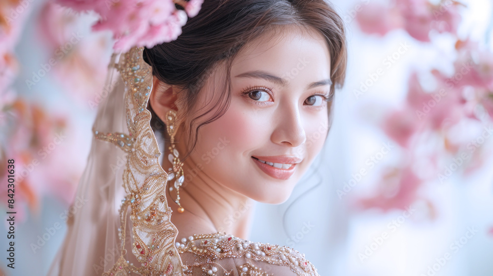 Malay woman smiling in fashionable dress in cherry blossom celebration Malay woman smiling in fashionable dress in cherry blossom celebration
