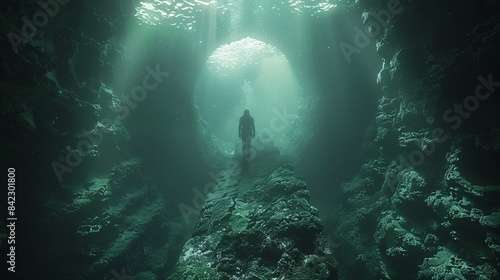 Underwater scene with a diver and underwater rocks