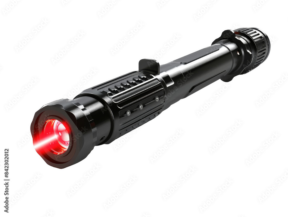 A close-up of a black, futuristic weapon with a red light at the end, isolated white background, transparent background. A close-up of a black, futuristic weapon with a red light at the end, isolated white background, transparent background.