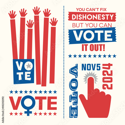2024 United States Election motivational phrases to encourage voting in the November 2024 election. Saving Democracy, for web banners, cards, posters, stickers, social media
