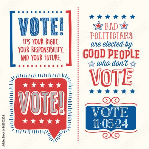 2024 United States Election motivational phrases to encourage voting in the November 2024 election. Saving Democracy, for web banners, cards, posters, stickers, social media