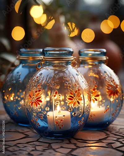 Candles in a glass vase on a wooden table with bokeh background
