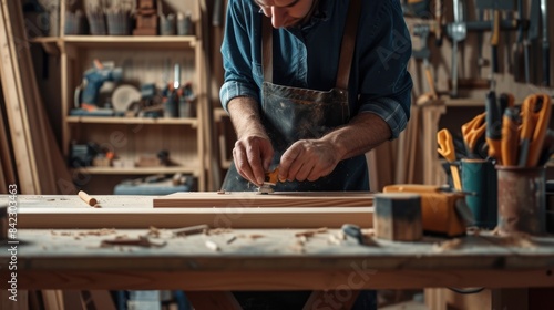 An experienced artisan carefully shapes wooden elements  demonstrating the art of fine woodworking in his cluttered workshop. AIG41