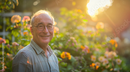 Lachender Penionär erholt sich im Sommer im Garten