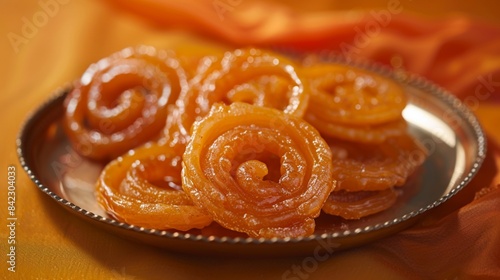 A picture of a delightful plate of jalebi on a deep orange background, capturing the sweetness of Indian