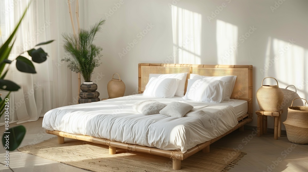 Wooden bed with healthy mattress, soft and comfortable, white color, environmentally friendly design, modern and stylish open bedroom, uninhabited, decorated with nature, bamboo furniture Wooden bed with healthy mattress, soft and comfortable, white color, environmentally friendly design, modern and stylish open bedroom, uninhabited, decorated with nature, bamboo furniture