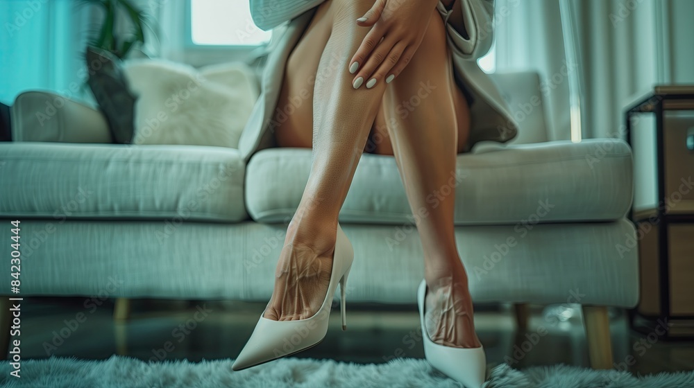 A middle-aged woman wearing high heels is sitting on a sofa. She feels pain in her joints and leg muscles, and has a problem with her veins. A middle-aged woman wearing high heels is sitting on a sofa. She feels pain in her joints and leg muscles, and has a problem with her veins.