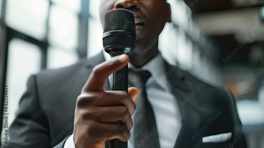 Close-up of a young black businessman in a suit giving a speech with a microphone near his mouth, telling stories through a loudspeaker. Close-up of a young black businessman in a suit giving a speech with a microphone near his mouth, telling stories through a loudspeaker.