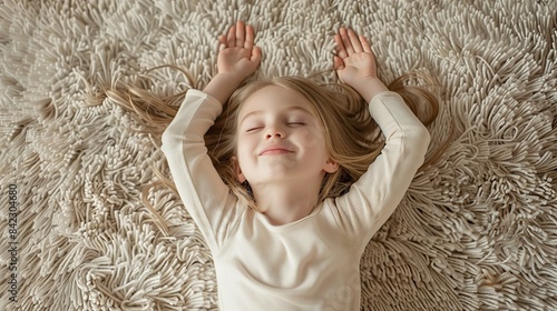 A cute little girl is relaxing at home, spreading her arms and legs on the warm floor, looking carefree and happy, spending her free time at home, enjoying her newly purchased carpet.