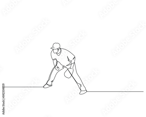 Continuous single line drawing of The fielder is focused on guarding the base. baseball tournament event . Design illustration
