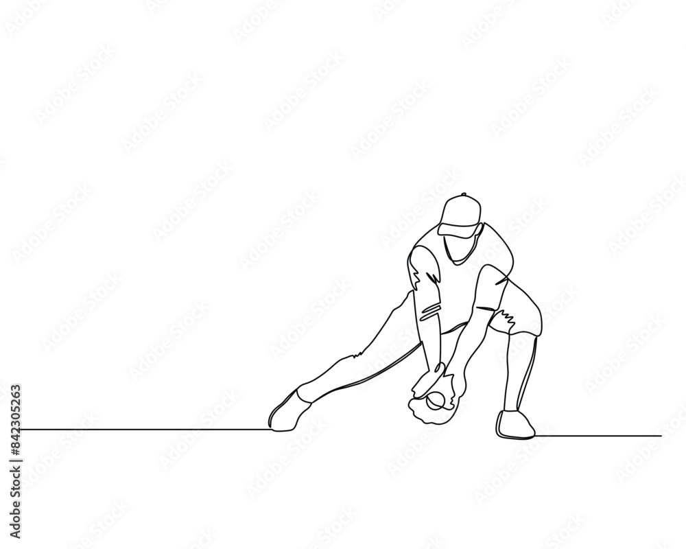 Continuous single line drawing of catcher who is catching the ball in a squatting position. baseball tournament event . Design illustration Continuous single line drawing of catcher who is catching the ball in a squatting position. baseball tournament event . Design illustration