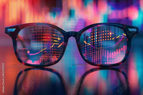A pair of glasses with a reflection of a stock market graph on the lens © Phuriphat