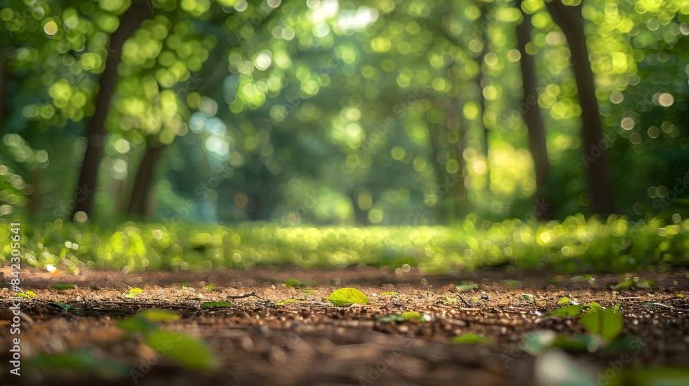 Naklejka premium A blurred background of an enchanting forest, bathed in the soft glow of sunlight filtering through tall trees, creating a magical atmosphere.