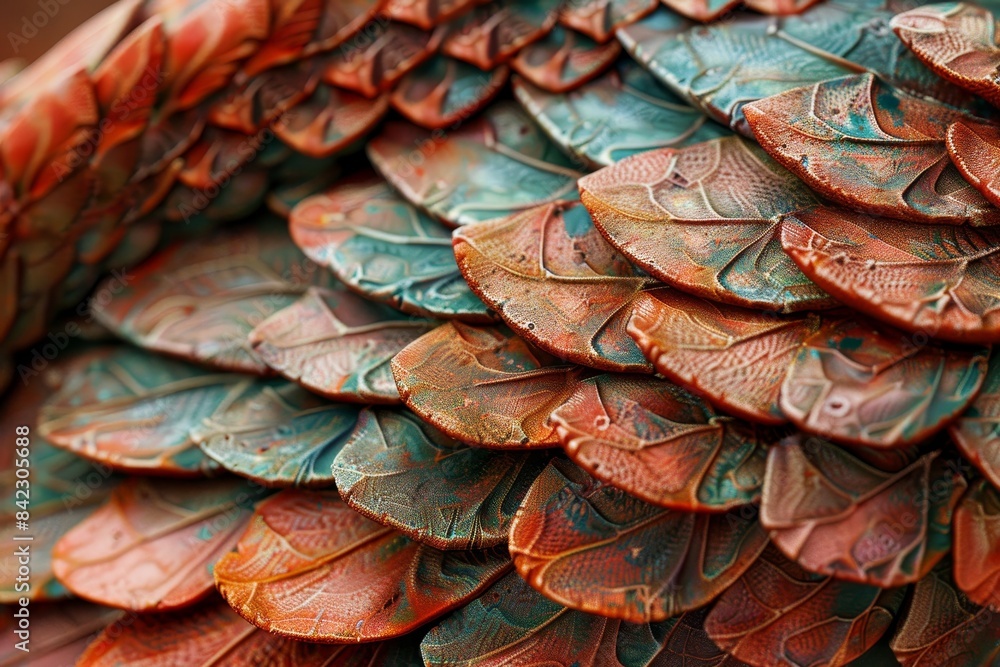 A close up of a feather with a mix of blue and orange colors A close up of a feather with a mix of blue and orange colors