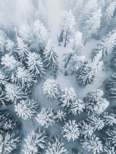 Snow-covered forest from above