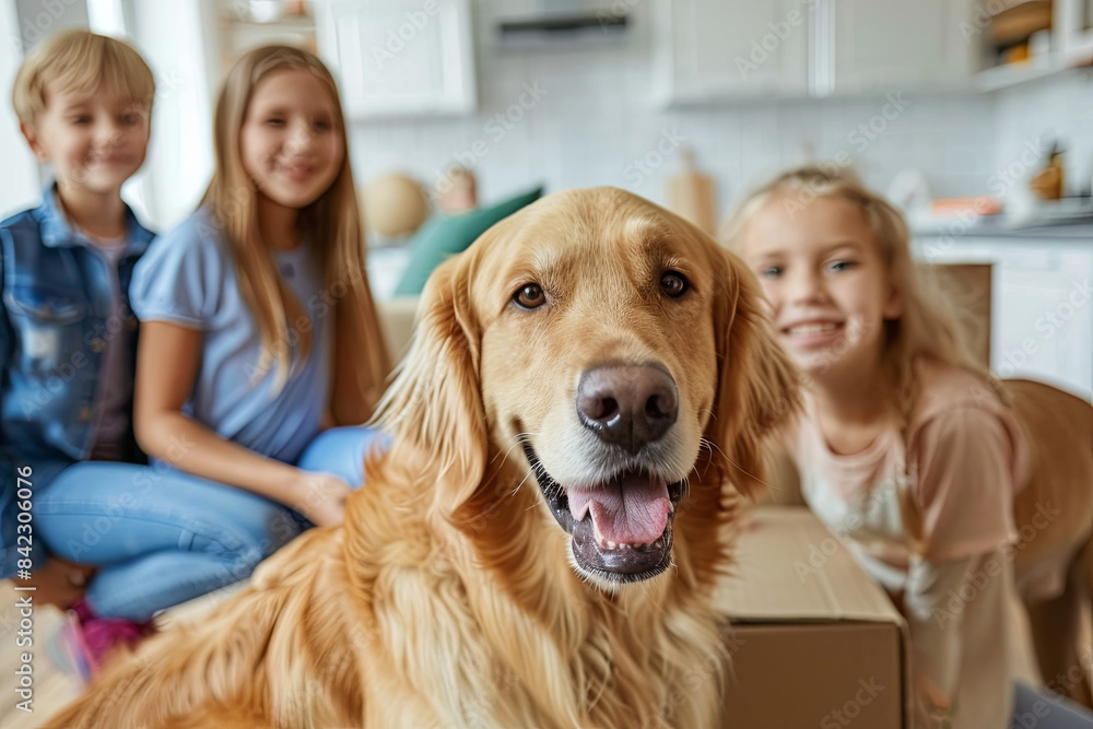 Happy family with kids and dog moving into new apartment Happy family with kids and dog moving into new apartment
