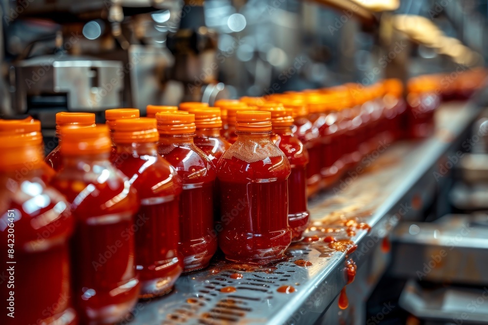 Set of bottles of ketchup, sauce or tomato juice, factory, conveyor line at the plant Set of bottles of ketchup, sauce or tomato juice, factory, conveyor line at the plant