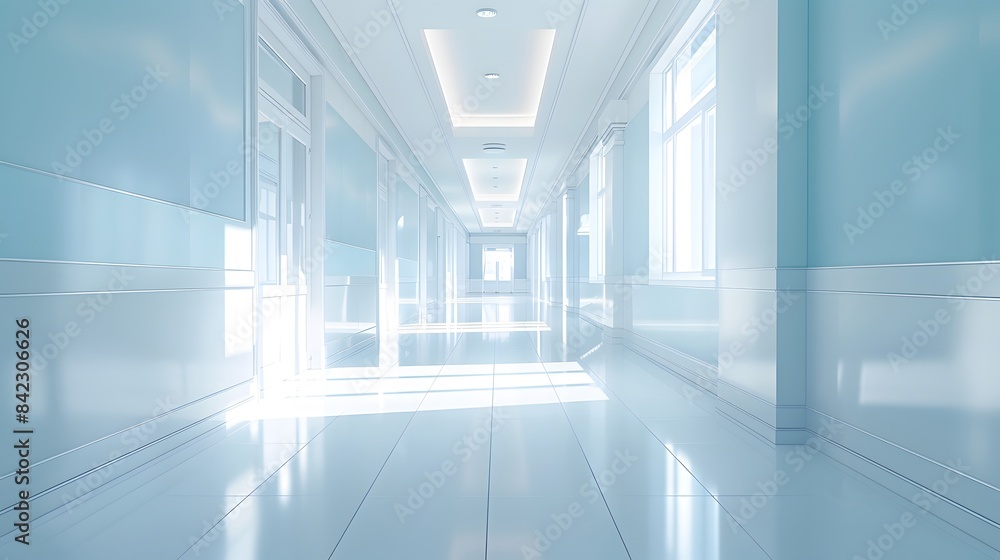 A clean white hospital corridor with light blue walls and large windows, creating an atmosphere of serenity and safety. A clean white hospital corridor with light blue walls and large windows, creating an atmosphere of serenity and safety.
