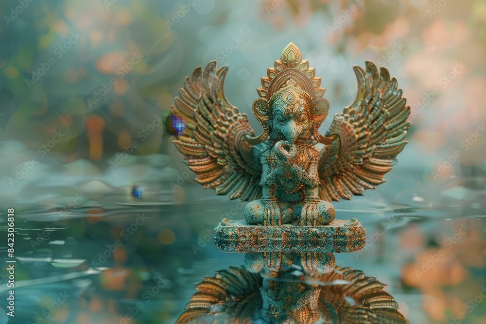Obraz premium A statue of a bird with a gold head sits on a body of water
