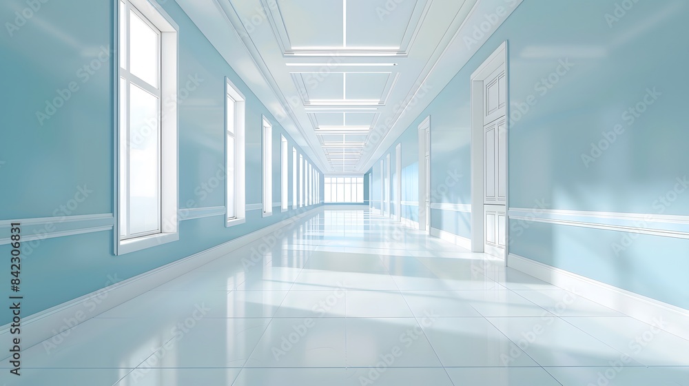 A clean white hospital corridor with light blue walls and large windows, creating an atmosphere of serenity and safety. A clean white hospital corridor with light blue walls and large windows, creating an atmosphere of serenity and safety.