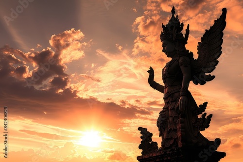 A statue of a woman with wings is silhouetted against a beautiful sunset © Phuriphat