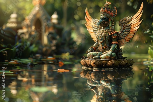 A statue of a bird with a gold head sits on a body of water photo