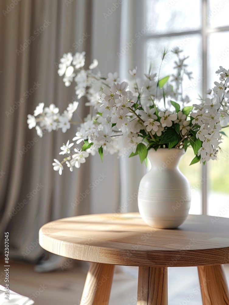 White vase with white flowers on table White vase with white flowers on table