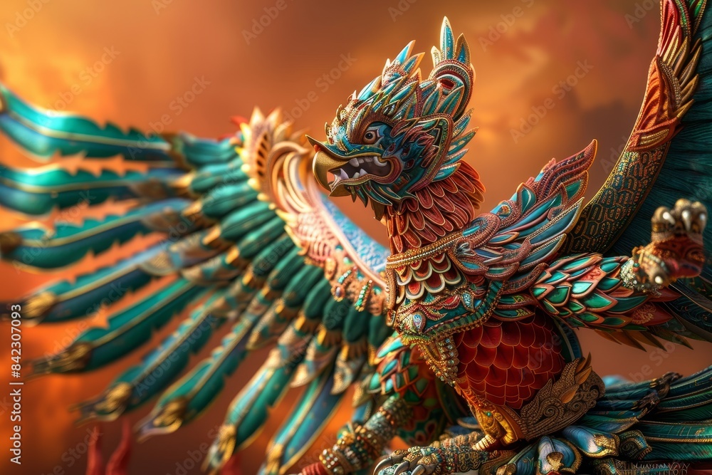 A large ornate bird sculpture with a menacing face is carved into a red stone A large ornate bird sculpture with a menacing face is carved into a red stone