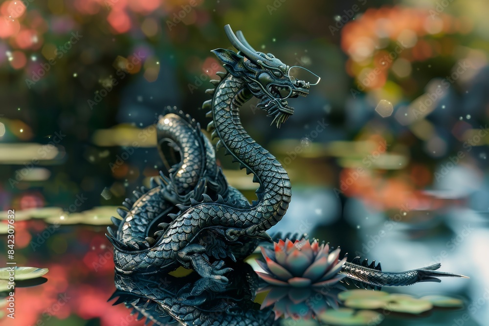 Fototapeta premium A dragon is sitting on a pond with a flower