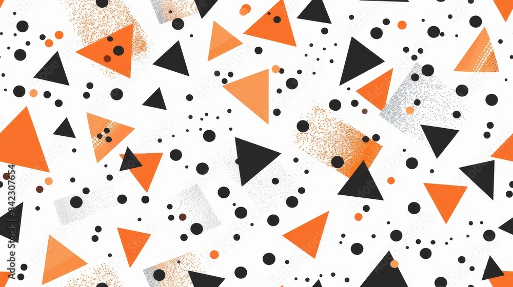 Geometric seamless pattern with orange and black triangles and dots on a white background, creating a modern, bold design. Geometric seamless pattern with orange and black triangles and dots on a white background, creating a modern, bold design.
