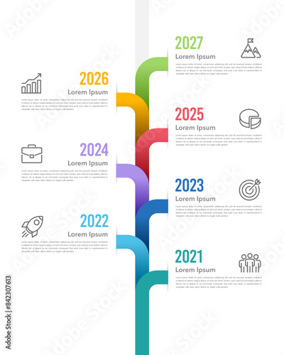 Infographic timeline of 7 important events in business vertical template. Business presentation, Planning, Report, Data and Milestone. Vector illustration. 