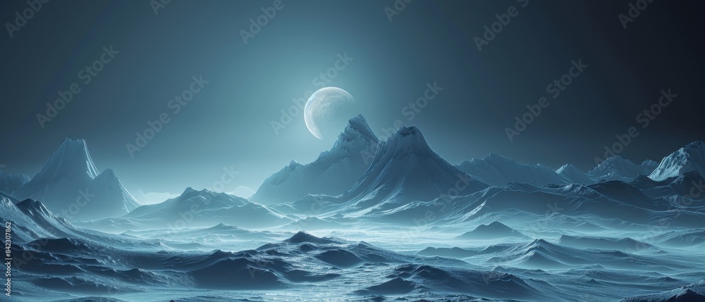 Serene Lunar Landscape, A Crescent Moon Illuminates a Frozen, Mountainous World Serene Lunar Landscape, A Crescent Moon Illuminates a Frozen, Mountainous World