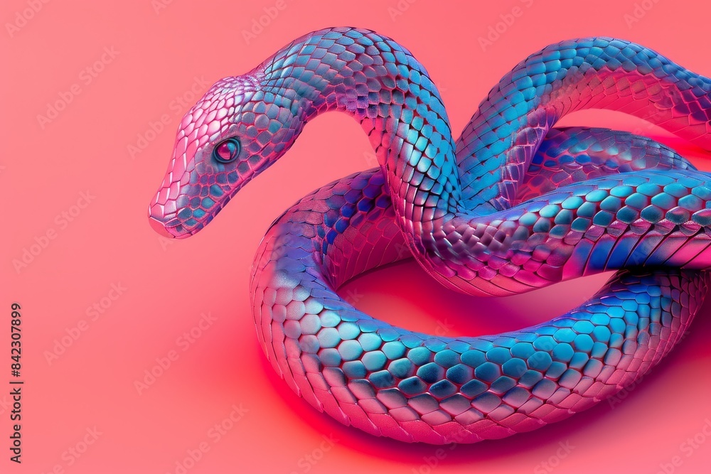 Fototapeta premium A snake with a body is laying on a red background