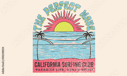 California surfing club. Beach paradise. Palm tree sketch. Tropical flower with beach design. Summer vibes graphic print design.