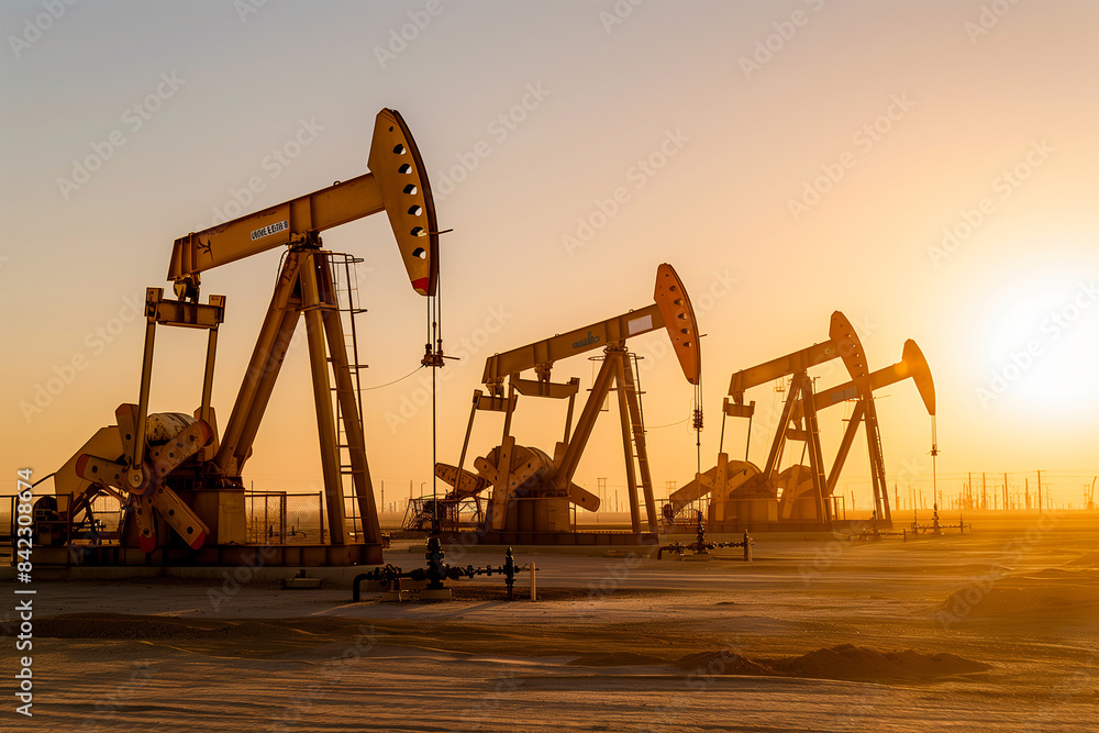 Oil Pump Jacks at Sunrise in Oil Field. Oil Pump Jacks at Sunrise in Oil Field.