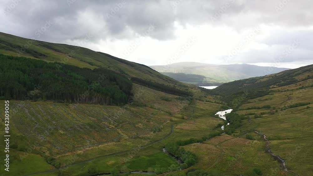 Landscape Of Glen Douglas valley In Scottish Highlands, near Loch Lomond - aerial drone shot Landscape Of Glen Douglas valley In Scottish Highlands, near Loch Lomond - aerial drone shot