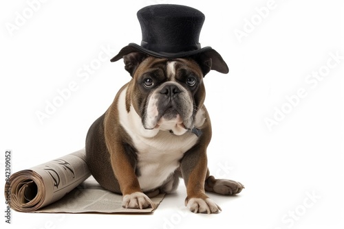 Bulldog with a Bowler Hat and Newspaper  A dignified Bulldog wearing a bowler hat and sitting next to a rolled-up newspaper  embodying timeless charm and sophistication