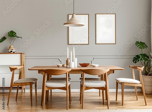 Design an elegant and stylish dining room interior with a midcentury modern wooden table and chairs