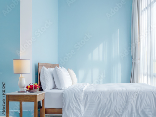 Elegant hotel room interiors with modern furniture and copyspace. Interior design composition soft tones.