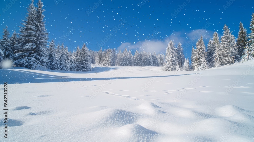 Snowy landscape with evergreen trees, clear blue sky, and gentle sunlight. Winter wonderland concept.
