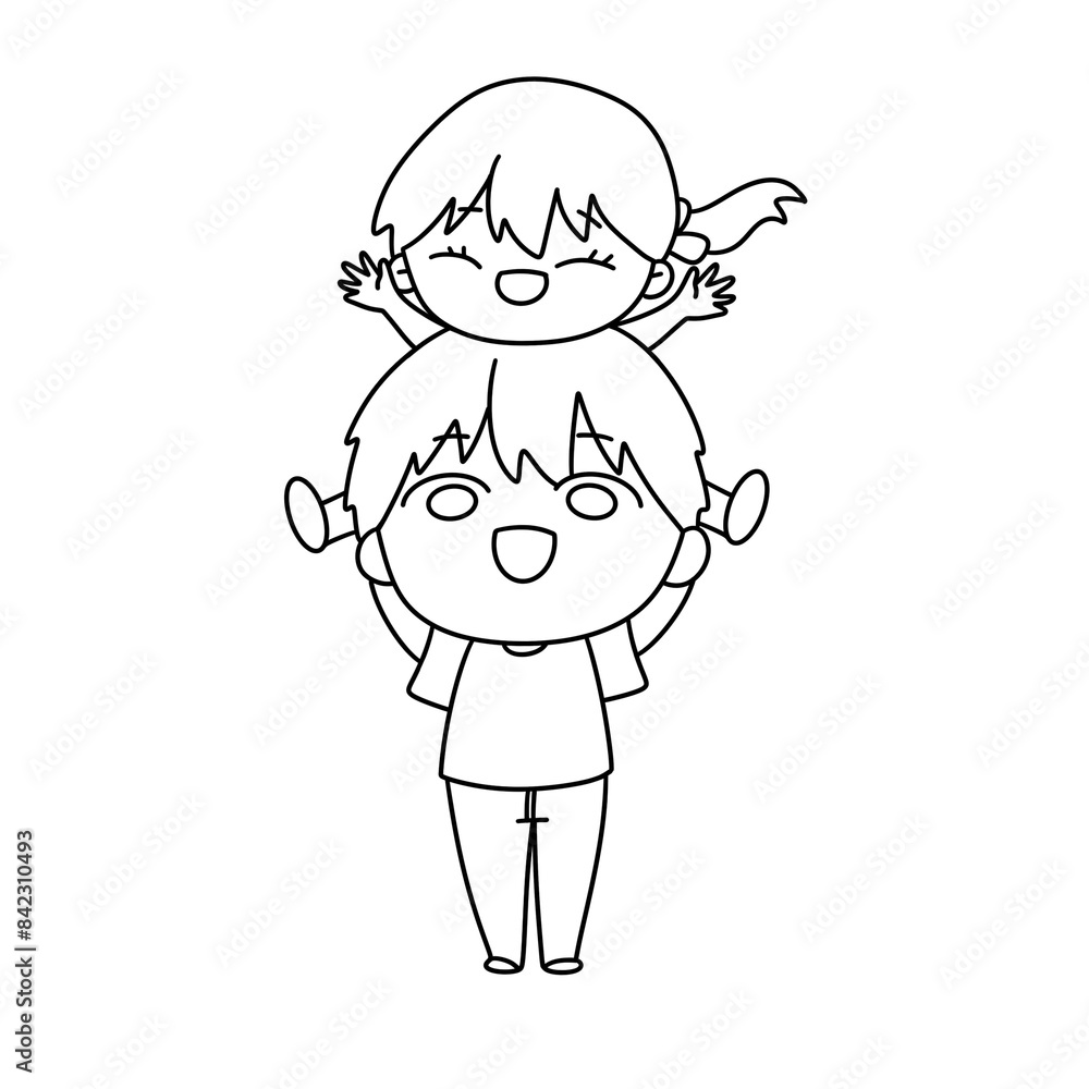 A boy is holding a little girl on his shoulders A boy is holding a little girl on his shoulders