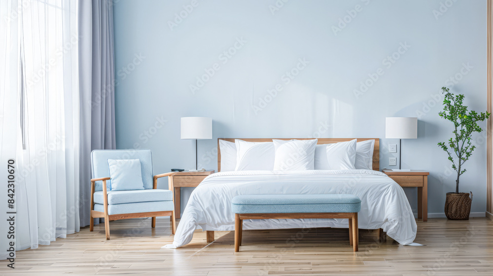 Fototapeta premium Elegant hotel room interiors with modern furniture and copyspace. Interior design composition soft tones.